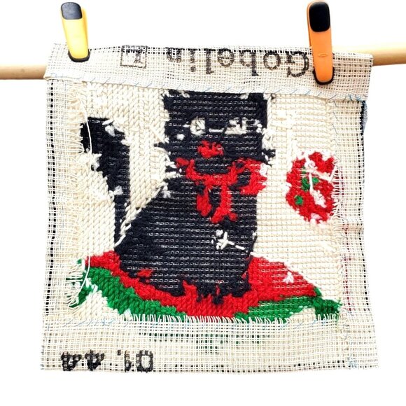 Vintage Gobelin Needlepoint Black Cat Kitten 14x14 Completed Canvas L 01.44 - Picture 6 of 12